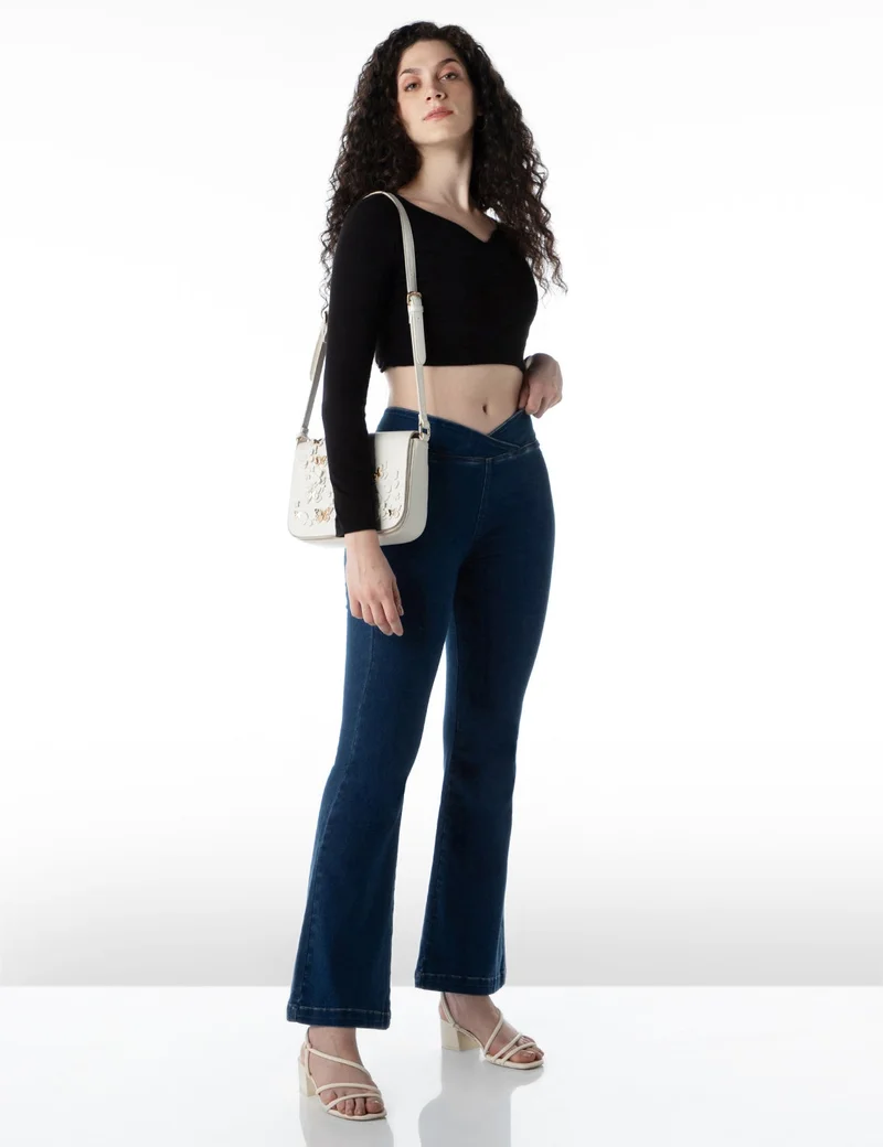 inkd Women's Flared Pull-on Jeans - Mid-Rise| Enzyme Wash | Slant Waistband | Jeans for Women